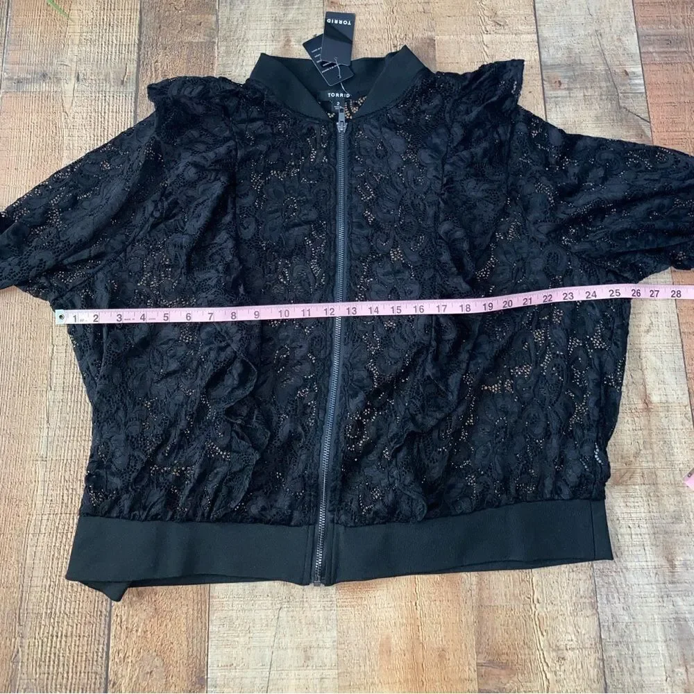 NWT Torrid Black Lace Ruffle Crop Bomber jacket - Picture 7 of 15